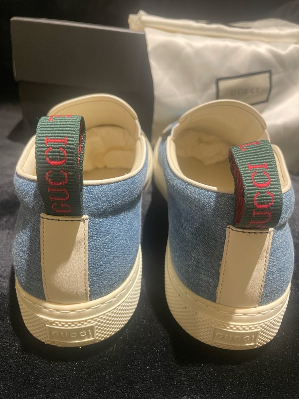 Gucci Blue Denim Slip-On Sneakers with Multicolor Embroidered Logo - Picture 4 of 10